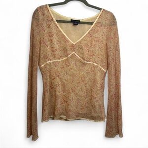 Ann Taylor Cream and Pink Paisley V-Neck Blouse